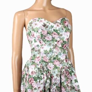 80s Prom Dress Vintage Strapless Cotton Pink White Green Floral Gown, sz 9/10